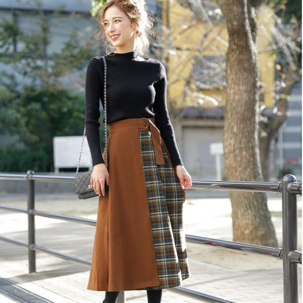Japanese La gemme color checker A-line long skirt